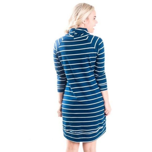 Navy Blue & White Stripe Cowl Neck 3/4Sleeve Dress - Picture 2 of 4
